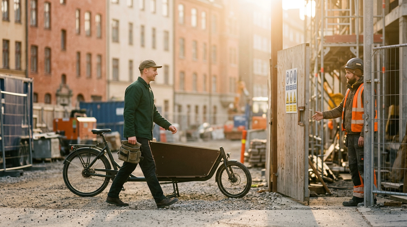 Un coursier ifluxo arrive à vélo-cargo devant un chantier, à contre-jour en début de matinée.
